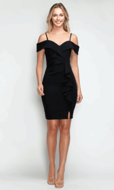 Vestido Negro Elegante con Volantes y Hombros Descubiertos –P3097