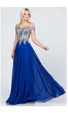 Vestido de Gala-25583 Azul Royal con Dorado
