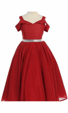 Vestido Infantil Rojo con Brillos y Cinturón Plateado –4006