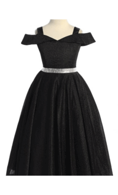 Vestido Infantil Negro con Brillos y Cinturón Plateado –4006