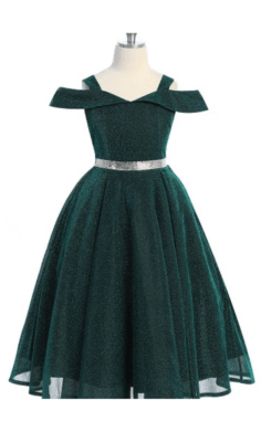Vestido De Niña Verde Esmeralda con Brillos y Cinturón Plateado –4006