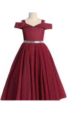 Vestido Infantil Vino con Brillos y Cinturón Plateado –4006