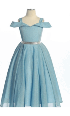 Vestido de Fiesta Infantil Celeste con Brillos y Cinturón Plateado –4006