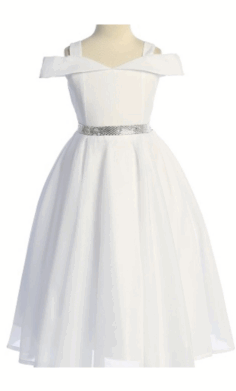 Vestido Infantil Blanco con Cinturón Plateado –4006  ✨