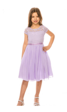 Vestido de Fiesta Infantil Lila con Encaje y Cinturón Satinado –2053