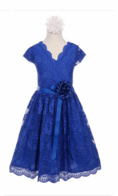 Vestido de Fiesta Infantil Azul Royal con Encaje Floral y Cinturón –2066