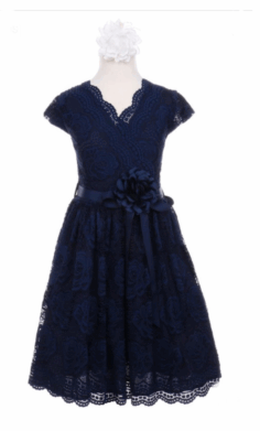 Vestido de Niña Azul Marino en Encaje Floral con Cinturón y Flor –2066