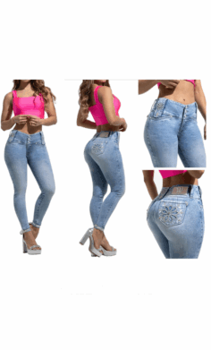 Jean Colombiano Levantacola Azul Claro con Bordado Floral –80804