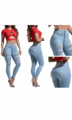 Jean Colombiano Claro Desgastado con Pretina Alta Triple –71306